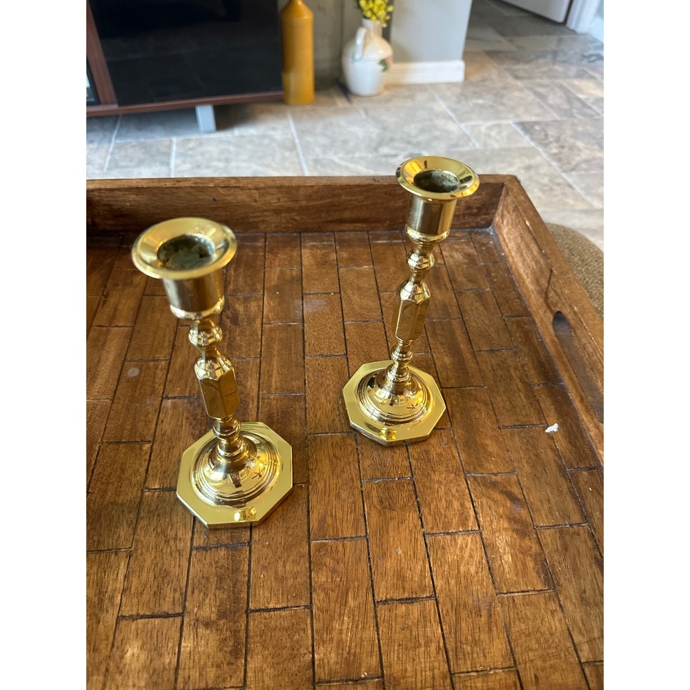 Baldwin Solid Brass Candlesticks Pair Octagonal Base Forge Series Made in USA 7"
